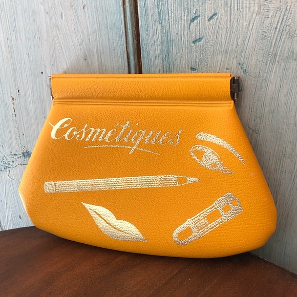 Vintage 1950’s “cosmetiques” mustard pouch for purse w/silver script & pictures - Picture 5 of 11